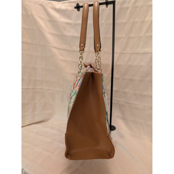 Anne Klein Floral Tote Bag Tan Faux Leather Accents & Chain Straps Lion Logo NWT - Picture 4 of 16